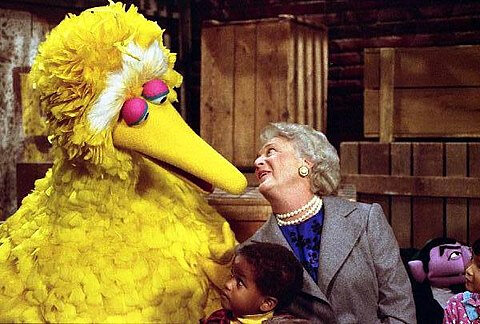 Barbara Bush participates with Big Bird in a 1989 taping of the children's television show Sesame Street at United Studios. Wikipedia