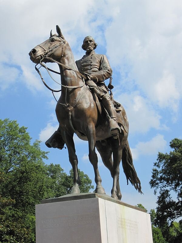 The statue of Confederate Gen. Nathan Bedford Forrest is seen here in its former location in Health Sciences Park (then called Forrest Park) in Memphis, Tennessee, in 2010. Wikipedia