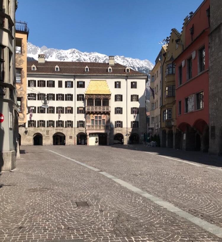 Old Town in Innsbruck, Austria, a place usually filled with tourists and locals, is empty on April 9, 2020.   Anna Saischek/MCIR Journalism Lab