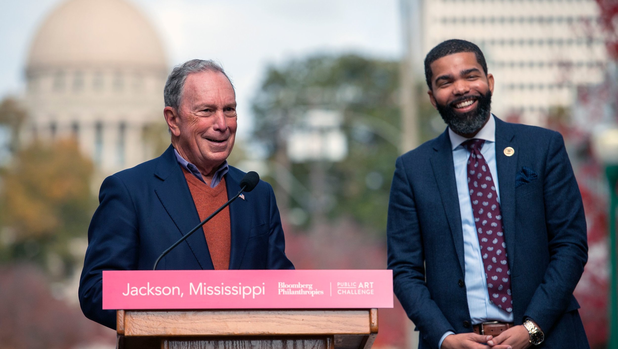 Former New York City Mayor Michael Bloomberg, left, and Jackson Mayor Chokwe Antar Lumumba, right, at a press conference in Jackson in November.   Barbara Gauntt/Clarion Ledger